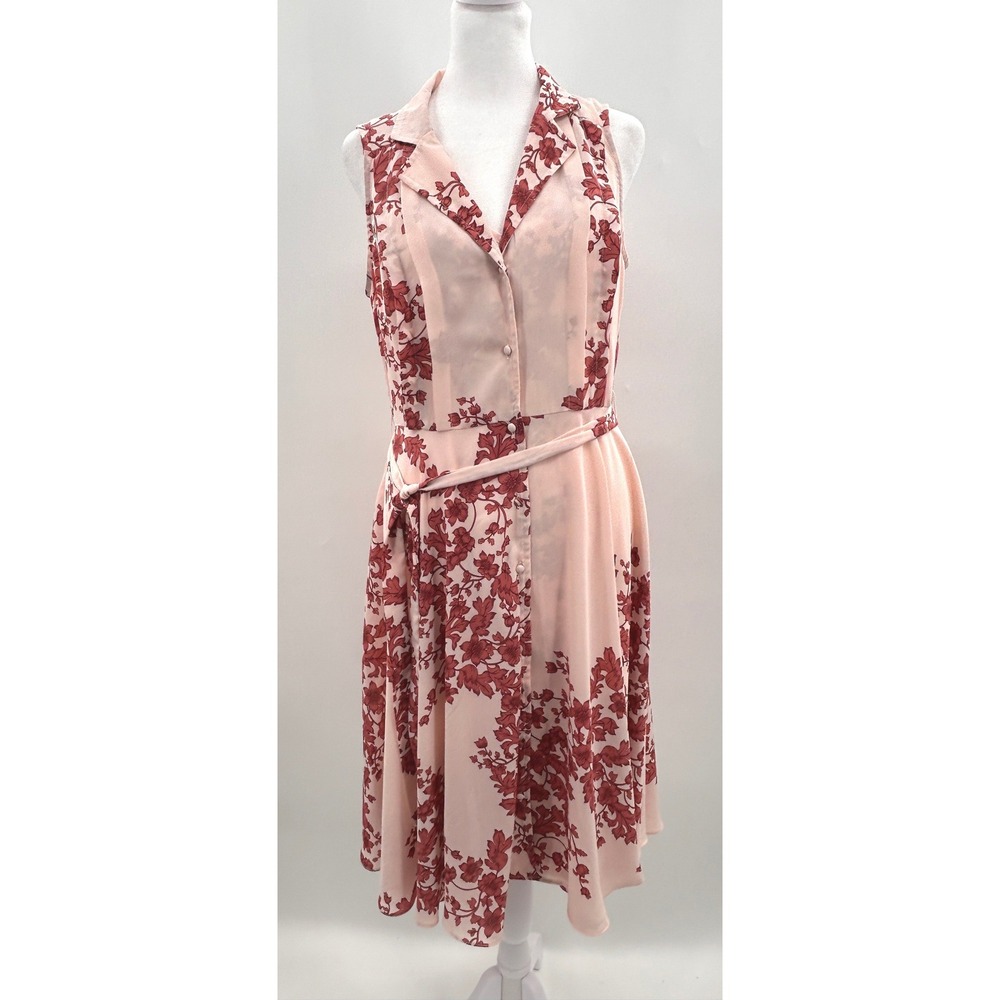 Nanette Lepore Pink Floral Sleeveless Belted Midi Shirtdress Size 6 Burgundy - Picture 5 of 16